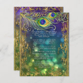 Gilded Peacock Feathers Jewel Gold Wedding Details Informatiekaartje (Voorkant / Achterkant)