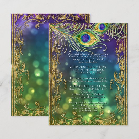 Gilded Peacock Feathers Jewel Gold Wedding Details Informatiekaartje (Voorkant / Achterkant)