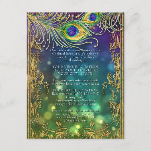 Gilded Peacock Feathers Jewel Gold Wedding Details Informatiekaartje (Voorkant)