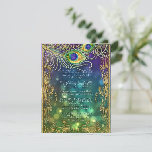 Gilded Peacock Feathers Jewel Gold Wedding Details Informatiekaartje (Staand voorkant)