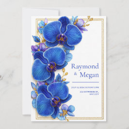 Gilded Royal Blue Orchid Botanical Wedding Kaart