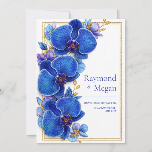 Gilded Royal Blue Orchid Botanical Wedding Kaart (Voorkant)