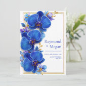 Gilded Royal Blue Orchid Botanical Wedding Kaart (Staand voorkant)