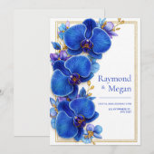 Gilded Royal Blue Orchid Botanical Wedding Kaart (Voorkant / Achterkant)