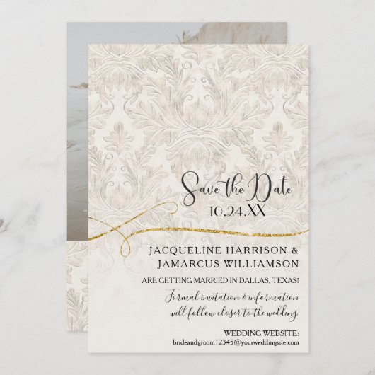 Gilded Scroll Damask Ivory Gold Save the Date (Voorkant / Achterkant)