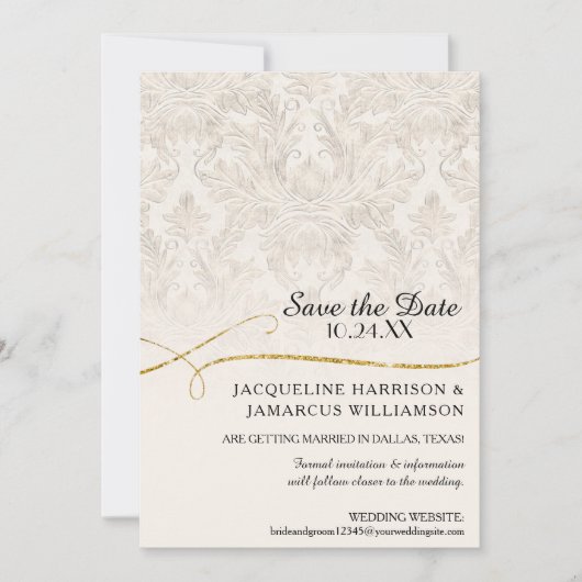 Gilded Scroll Damask Ivory Gold Save the Date (Voorkant)