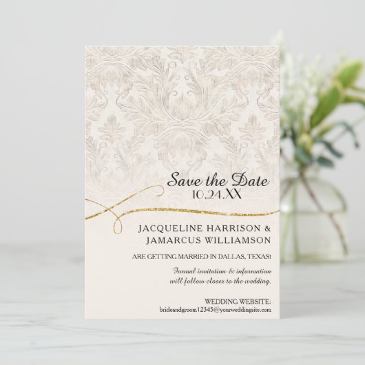 Gilded Scroll Damask Ivory Gold Save the Date (Staand voorkant)