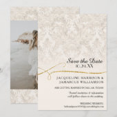 Gilded Scroll Damask Ivory Gold Save the Date (Voorkant / Achterkant)