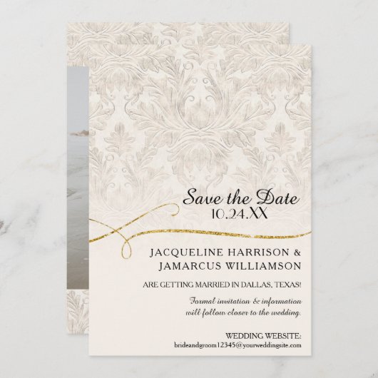 Gilded Scroll Damask Ivory Gold Save the Date (Voorkant / Achterkant)