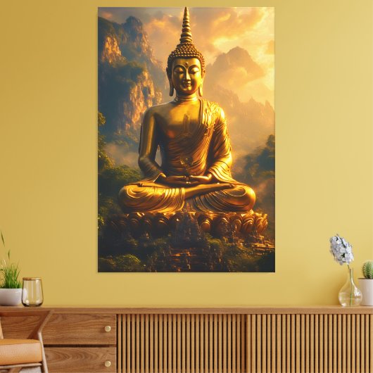 Gilded Seated Buddha Under a Sunset Sky Canvas Afdruk (Insitu (Woonkamer))