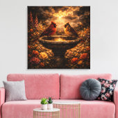 Gilded Shadows: Cardinal Pair & Stone Fountain Canvas Afdruk (Insitu (Woonkamer))
