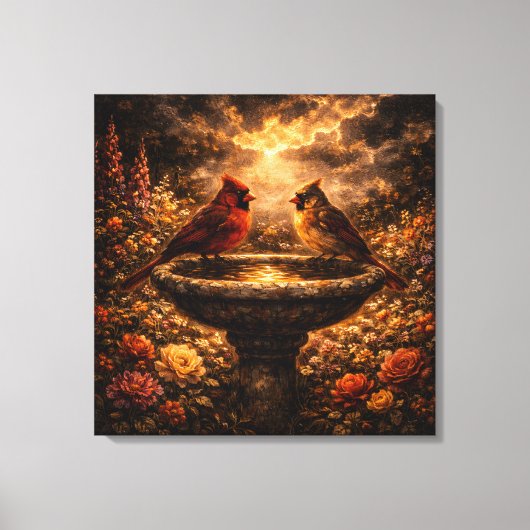 Gilded Shadows: Cardinal Pair & Stone Fountain Canvas Afdruk (Voorkant)