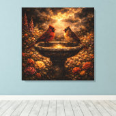 Gilded Shadows: Cardinal Pair & Stone Fountain Canvas Afdruk (Insitu (Houten vloer))