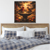 Gilded Shadows: Cardinal Pair & Stone Fountain Canvas Afdruk (Insitu (Slaapkamer))