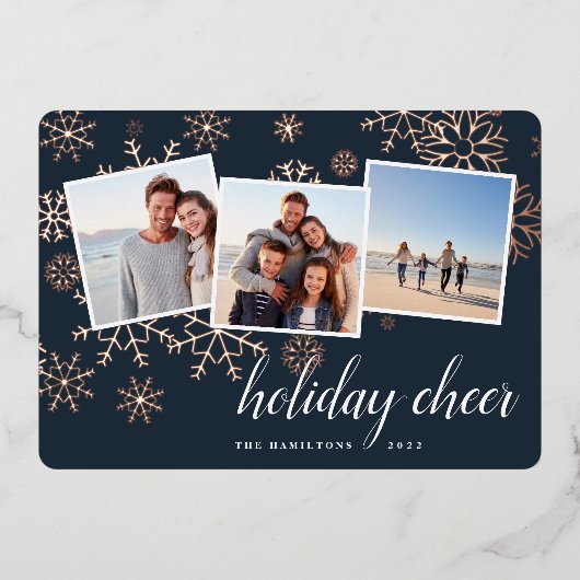 Gilded Snow | Snowflake Photo Collage Roos Gold Folie Feestdagenkaart (Voorkant)