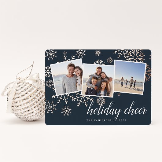 Gilded Snow | Snowflake Photo Collage Roos Gold Folie Feestdagenkaart