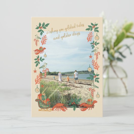 Gilded Tides Coastal Christmas Photo Card Feestdagenkaart (Staand voorkant)