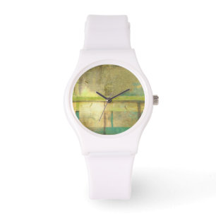 Gilded Turquoise en Green Abstract Painting Horloge