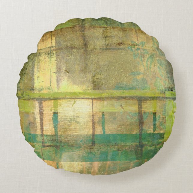Gilded Turquoise en Green Abstract Painting Rond Kussen (Voorkant)