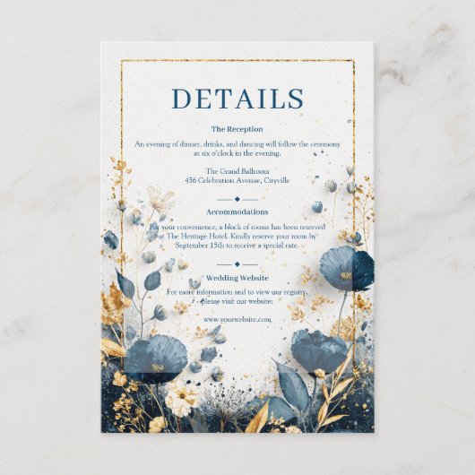 Gilded Wildflower Navy and Gold Wedding Informatiekaartje (Voorkant)