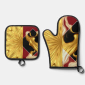 Gilded Zenith Opulent Swirl Crimson & Gold Luxury Ovenwant & Pannenlap Set (Voorkant)