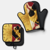 Gilded Zenith Opulent Swirl Crimson & Gold Luxury Ovenwant & Pannenlap Set (Voorkant / Achterkant)