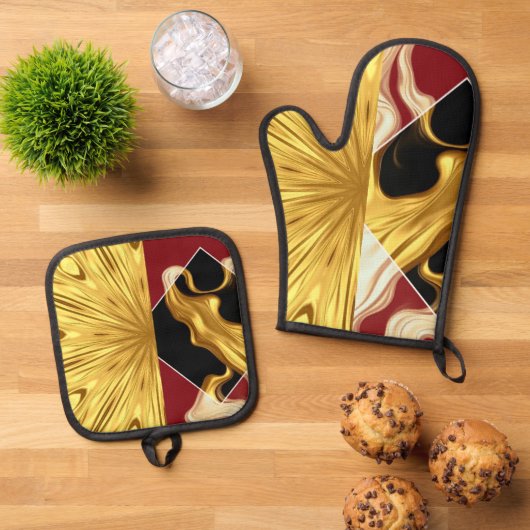 Gilded Zenith Opulent Swirl Crimson & Gold Luxury Ovenwant & Pannenlap Set (Top down)