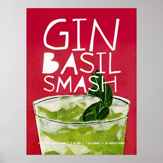 Gin Basil Smash: een Retro Cocktail Red Art Poster (Voorkant)