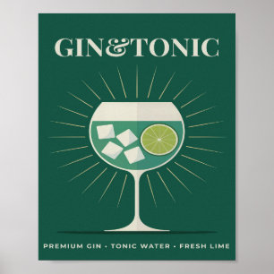 Gin en Tonic Retro Donkergroene Cocktaillogo Poster