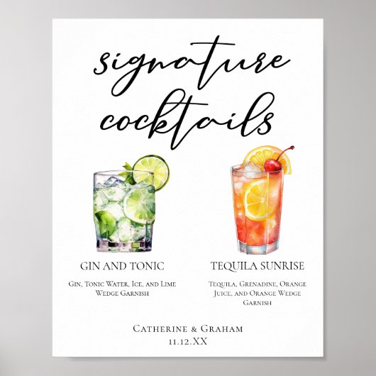 Gin en Tonic Tequila Sunrise Cocktails Menu Poster (Voorkant)