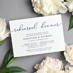 Gin Lane Rehearsal Dinner Invitation | marine Kaart<br><div class="desc">Onze elegante, moderne huwelijksrepetitie diner of cocktailparty uitnodigingen in chic navy blue en white kenmerken "repetisal diner" bovenaan in de lussen van handgeschreven script-typografie. Pas je aan met je ceremonie repetitie en repetitieve diner details onder. Omvat ruimte voor de repetitietiming en het kerk- of locatieadres. Kaarten omkeren naar massief marinesurfblauw....</div>