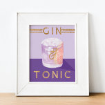 Gin & Tonic Retro Paarse Cocktail Waterverf Poster<br><div class="desc">Fun cocktail-thema retro-achtige folie kunst print om een stijlvolle look toe te voegen aan je decor thuis. De kunstdrukkunst is voorzien van onze handbeschilderde paarse indigo-gin en tonic cocktail-kunst met een retro-stijl ontwerp. Goudfolie-typografie en details zorgen voor een leuke look. Kunstwerk en design door de "Moodthology Papery"</div>