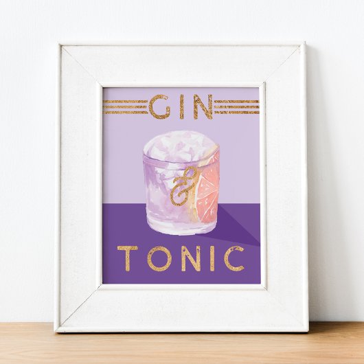 Gin & Tonic Retro Paarse Cocktail Waterverf Poster