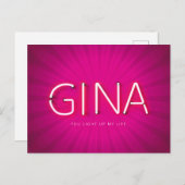 Gina-naam in gloeiende neonlampen briefkaart (Voorkant / Achterkant)