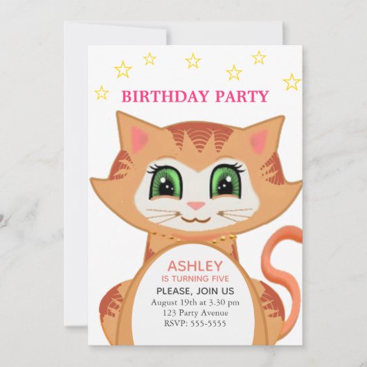 Ginger Cat 5th Birthday Party Invitation Kaart (Voorkant)