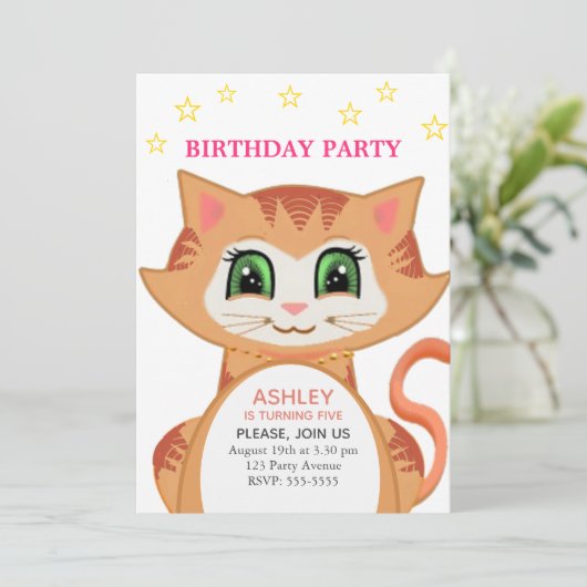 Ginger Cat 5th Birthday Party Invitation Kaart (Staand voorkant)