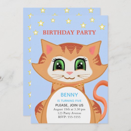 Ginger Cat 5th Boy Birthday Party Invitation Kaart (Voorkant / Achterkant)