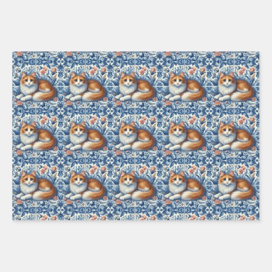 Ginger Cat Blauw Wit Bloemen Engels Delft Inpakpapier Vel (Voorkant 2)