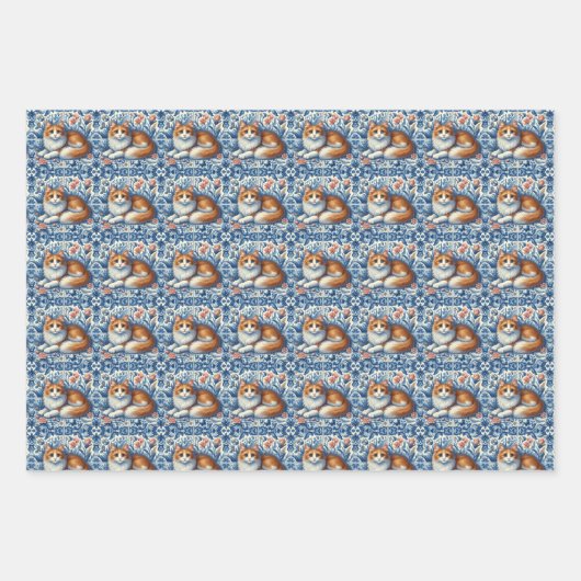 Ginger Cat Blauw Wit Bloemen Engels Delft Inpakpapier Vel (Voorkant)