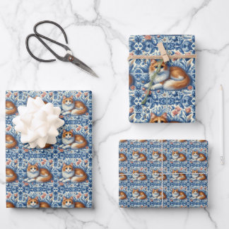 Ginger Cat Blauw Wit Bloemen Engels Delft Inpakpapier Vel