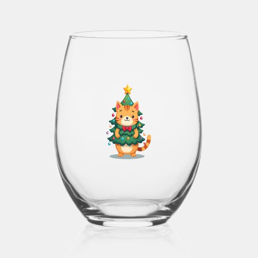 Ginger Cat Christmas Tree Cute Xmas 2 Wijnglas Zonder Voet (Voorkant)