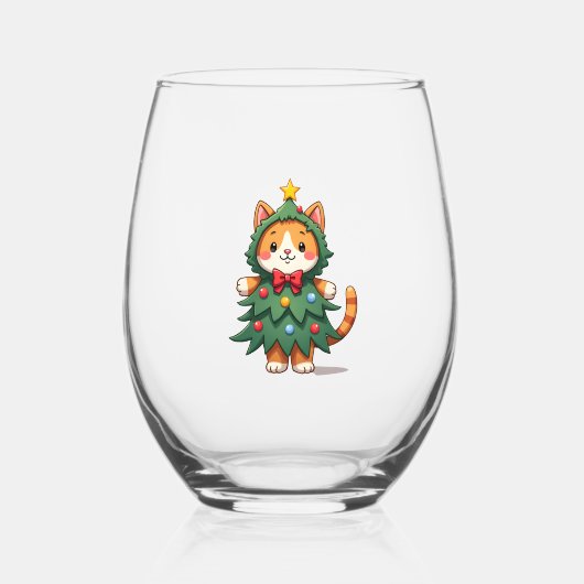 Ginger Cat Christmas Tree Cute Xmas 3 Wijnglas Zonder Voet (Voorkant)