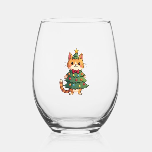 Ginger Cat Christmas Tree Cute Xmas 4 Wijnglas Zonder Voet (Voorkant)