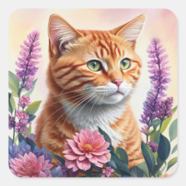 Ginger Cat Floral Multicolor Art Vierkante Sticker
