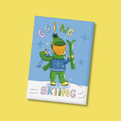 Ginger Cat Going Skiing Blue Rectangular Button