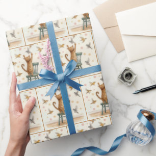 Ginger Cat Het vangen van een vogel op behang Cadeaupapier