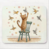 Ginger Cat Het vangen van een vogel op behang Muismat (Voorkant)