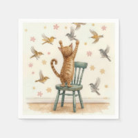 Ginger Cat Het vangen van een vogel op behang