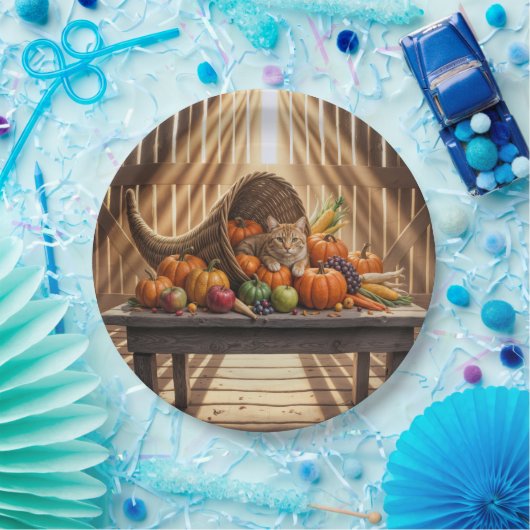 Ginger Cat In a Thanksgiving Cornucopia Papieren Bordje (Feest)