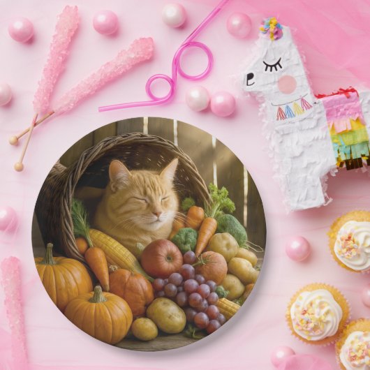 Ginger Cat In a Thanksgiving Cornucopia Papieren Bordje (Feest)